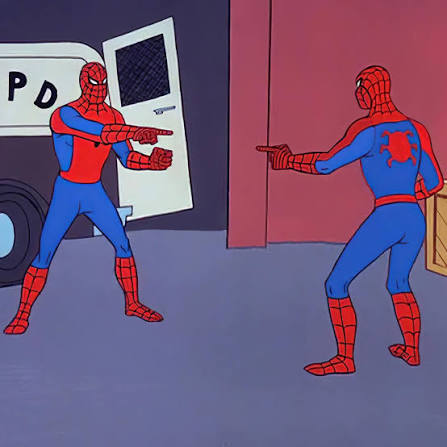 Two Spider-Men pointing at each other
